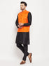 Vastramay Men's Orange Matka Silk Nehru Jacket With Black Silk Blend Kurta and Pant style Pyjama Set
